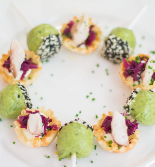 dinner party canapes in circle on a white plate